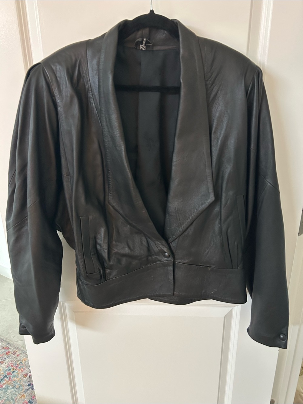 Black Leather Shawl Collar Jacket - Unbranded